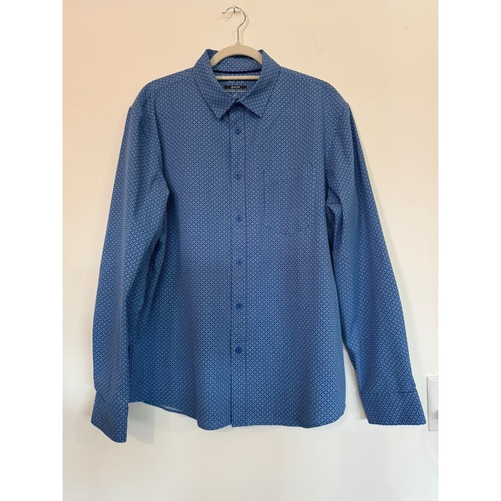 Apt. 9 Mens Size XL Button Up Shirt Blue Geometric Print Slim Fit Untucked Smart